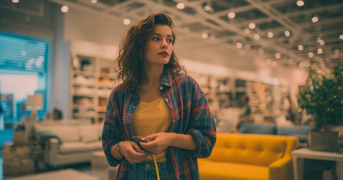 Woman shopping for apartment furniture in a furniture store,  measuring tape in hand, choosing the right size sofa