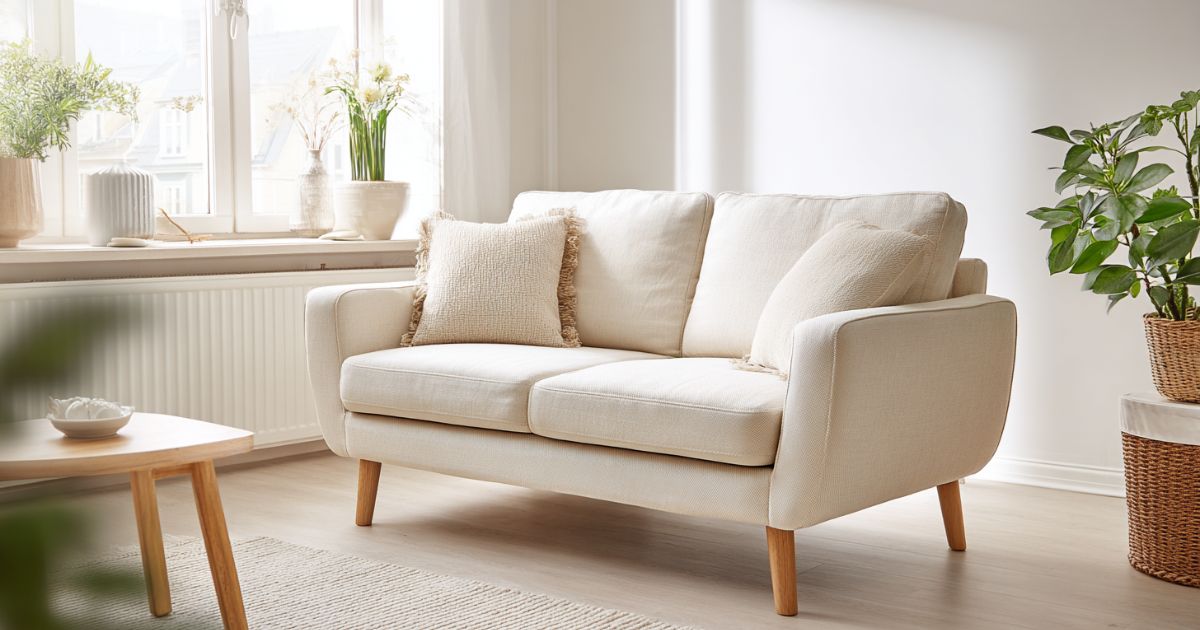 Compact two-seater sofa with slim oak legs in a bright minimalist living room showing proper sofa proportions for small spaces