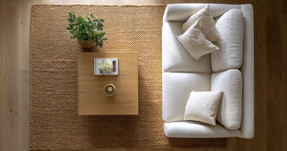Bird's eye view of minimalist living room with 5x7 rug correctly anchoring sofa and coffee table with bare floor visible around edges